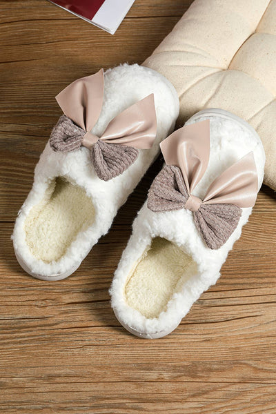 Bowknot Applique Plush Winter Slippers | US6-9.5: Khaki / Standard / US7 (CN38)