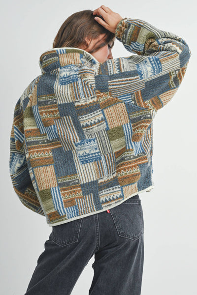 The Moss Patchwork Fleece Half Snap Top: BLUE MULTI