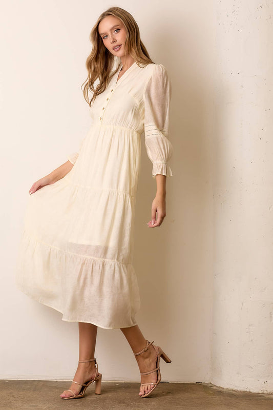 V-Neck Long Sleeve Midi Dress in Ivory