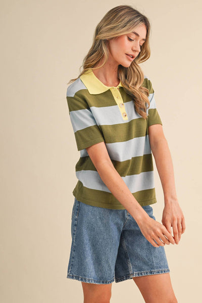 STRIPED SWEATER KNIT SHORT SLEEVE POLO MSW11339: BLUE SAGE / S - Lulu Bella Boutique