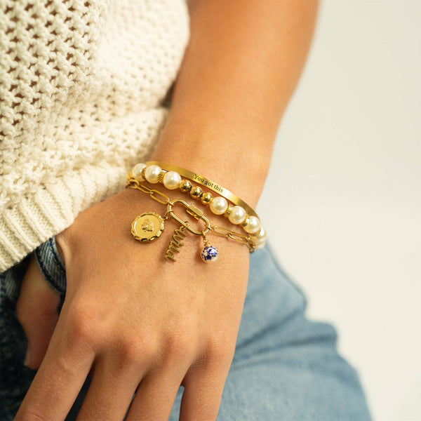 18K Gold PVD 8mm Kiska Glass Pearl Stretch Bracelet: Gold