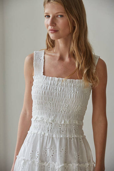 L9316 | Woven Cotton Eyelet Smocked Sleeveless Mini Dress: White / 3S-2M-1L - Lulu Bella Boutique