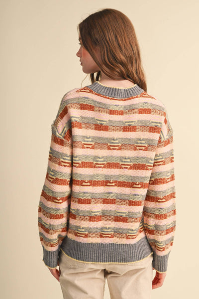 ABSTRACT GEOMETRIC KNIT PATTERN SWEATER: GREY PINK MULTI