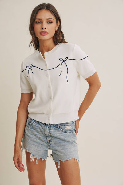 FRENCH MORNING BOW EMBROIDERED BUTTON-DOWN COTTON CARDIGAN: OFF WHITE / S - Lulu Bella Boutique