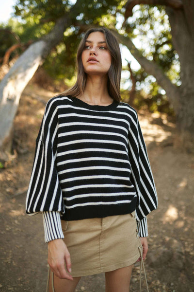 Stripe Puff Sleeve Sweater: Black/White / S