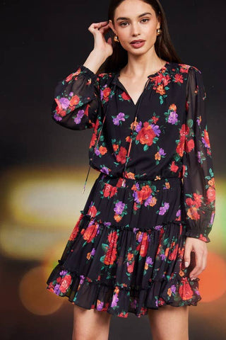 Floral Printed Ruffle Mini Dress: Black-Multi - Lulu Bella Boutique