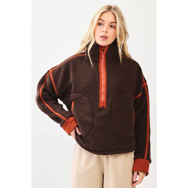 HALF ZIP CONTRAST DETAIL FLEECE SWEATSHIRT: BROWN / S-M-L(2-2-2) - Lulu Bella Boutique