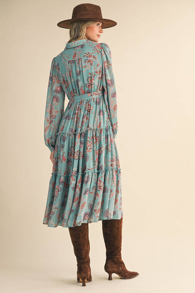 PAISLEY PRINT RUFFLE TIERED MIDI DRESS: SEAFORM