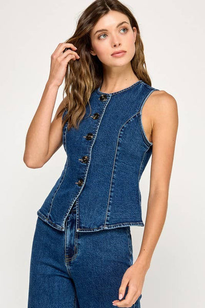 FITTED BUTTON FRONT DENIM TOP: Denim Blue / S - Lulu Bella Boutique