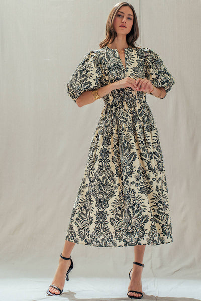 Botanical Puff Sleeve Cotton Midi Dress: IVORY BLACK / S-M-L:2-2-2 - Lulu Bella Boutique