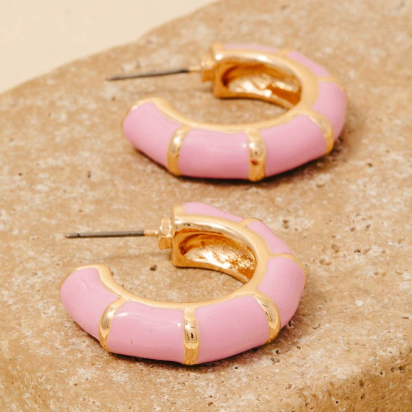 Enamel Bamboo Style Hoop Earrings: WHT - Lulu Bella Boutique