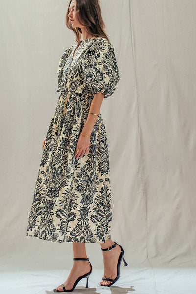 Botanical Puff Sleeve Cotton Midi Dress: IVORY BLACK / S-M-L:2-2-2 - Lulu Bella Boutique