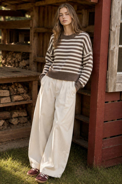 Striped Crewneck Sweater: BROWN MELANGE