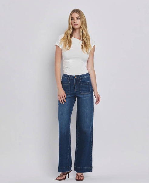 HIGH RISE PATCH POCKET TROUSER  HEM WIDE JEANS F5764D: DARK DENIM / 24 - Lulu Bella Boutique