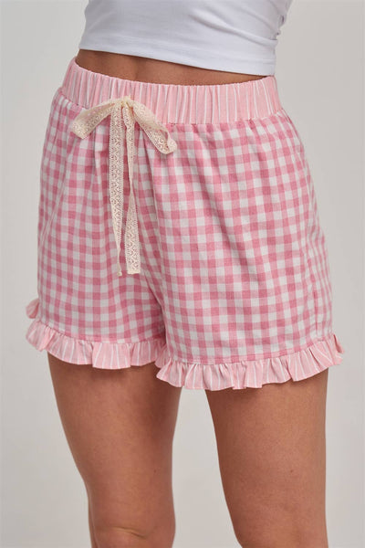 GINGHAM CHECK ELASTIC WAIST SHORTS WITH LACE DRASTRING: SWEET PINK / S-M-L(2-2-2) - Lulu Bella Boutique