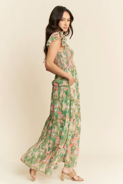 VILLAGE SMOCKING BODICE RUFFLE SLEEVE MAXI DRESS: Pink green / M - Lulu Bella Boutique