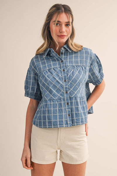 CHECKERED DENIM BUTTON DOWN TOP MTP4657: LIGHT DENIMBLUE / S - Lulu Bella Boutique