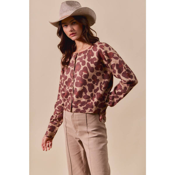 LEOPARD PRINT BUTTON UP SWEATER CARDIGAN: LEOPARD