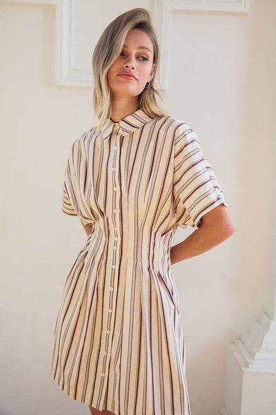Stripe Dolman-Sleeve Button-Front Mini Dress - RD1361: CREAM PLUM STRIPE / S-M-L (3-2-1) - Lulu Bella Boutique