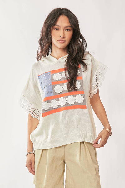 AMERICAN FLAG LOOSE FIT LACE SLEEVE HOODIE TOP: IVORY WHITE / M - Lulu Bella Boutique