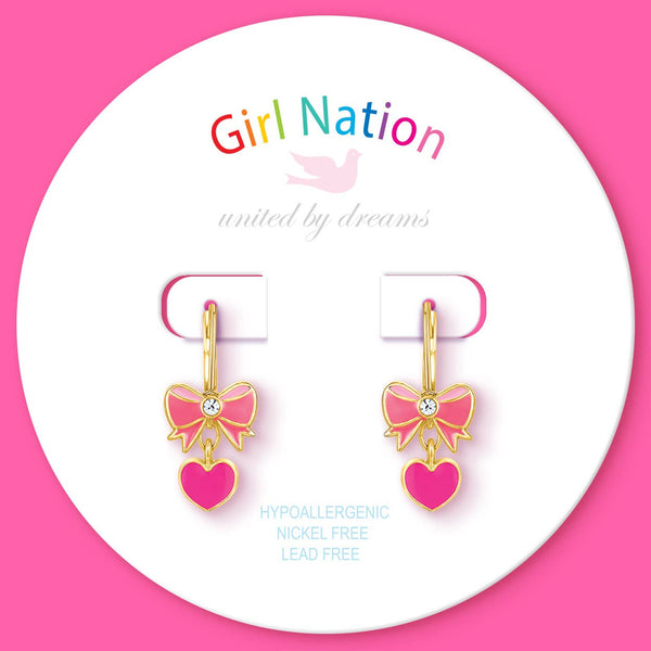 Pink Heart and Bow Lever Back Earrings