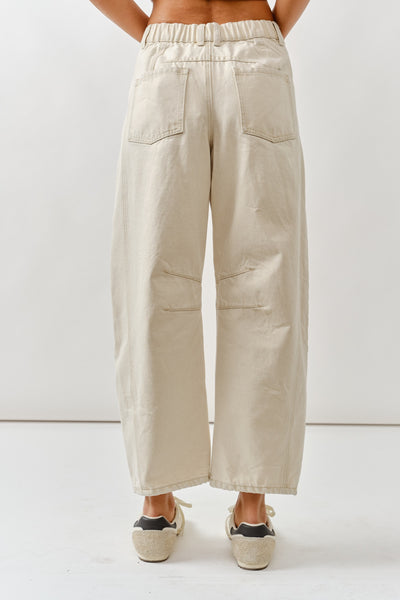 Embroidered Detail Cotton Barrel Pants in Beige