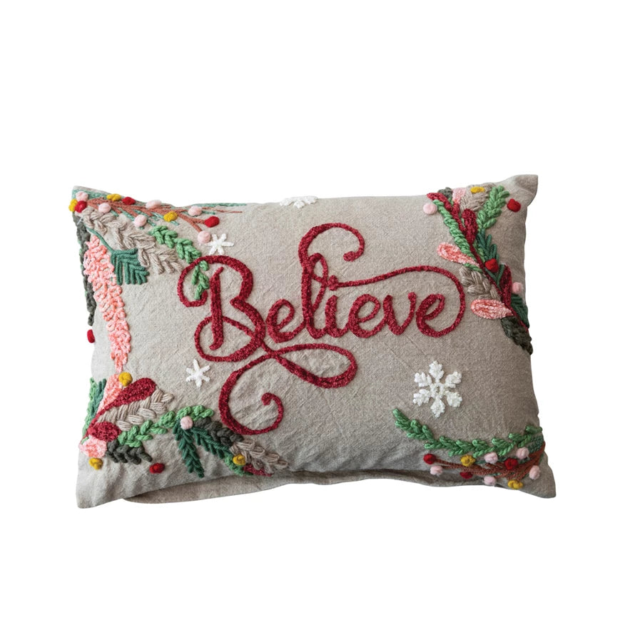 Believe Embroidered Chambray Pillow