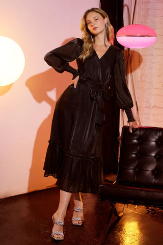 Shimmer Belted Long Sleeve Dress in Black