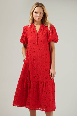 Villa Nova Eyelet Midi Dress: Red / XL