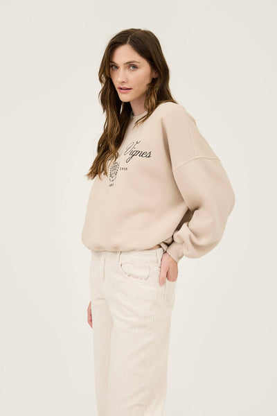 PARIS EMBROIDERED CREWNECK LONG SLEEVE KNIT TOP: KHAKI