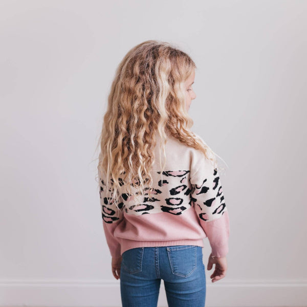 Kids Pink Cream Leopard Crew Neck Fall Winter Sweater: 5/6