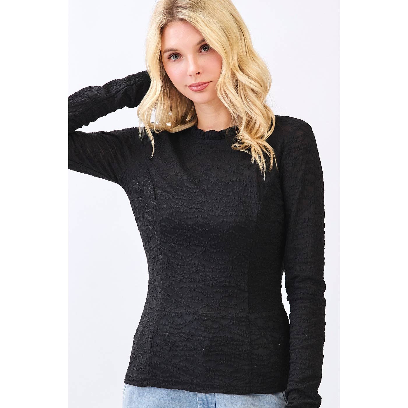 LACE LONG SLEEVE RUFFLE NECK LAYERING TOP: BLACK / S-M-L(2-2-2) - Lulu Bella Boutique