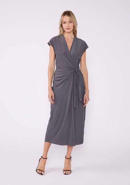 Solid Dolman Cap Sleeve Midi Wrap Dress: Pewter / S - Lulu Bella Boutique