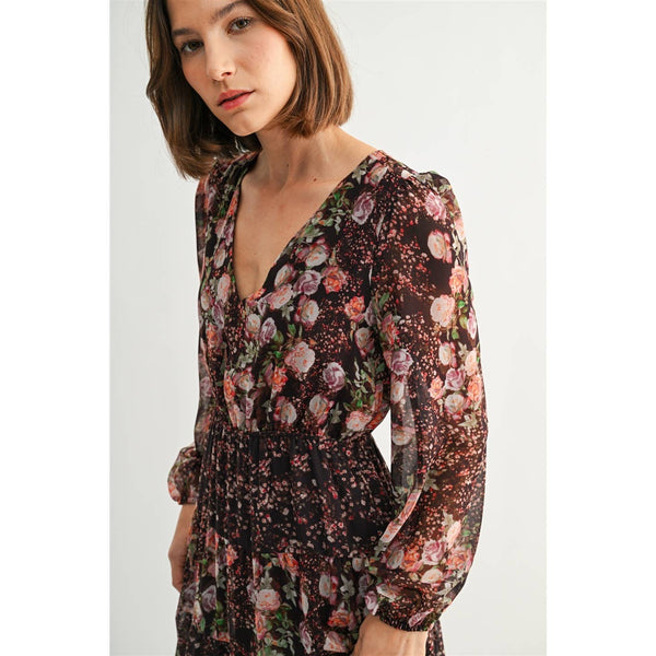 MIX FLOWER V NECK MIDI DRESS: Burgundy