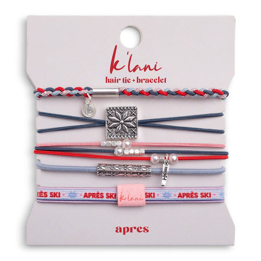 "Aprés" Blue, Red & Pink with Silver Snow & Winter Accent Hair Tie Bracelets: Medium