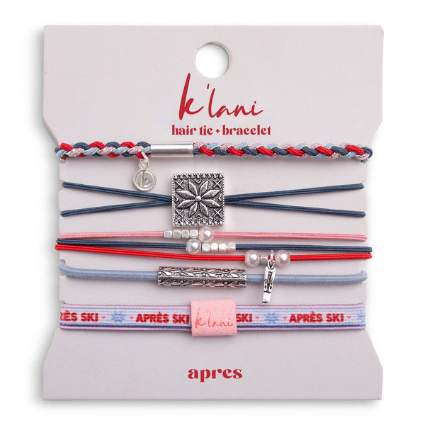 "Aprés" Blue, Red & Pink with Silver Snow & Winter Accent Hair Tie Bracelets: Medium