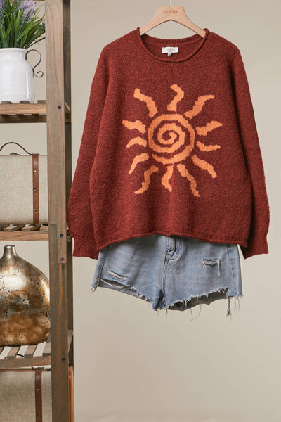 Spiral Sun Embroidered Sweater: Brick