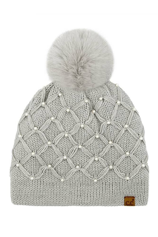 C.C Allover Pearl Crochet Pom Beanie: Light Gray