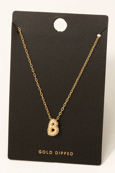 Gold Dipped Cz Pave Bubble Letter Pendant Necklace: E - Lulu Bella Boutique