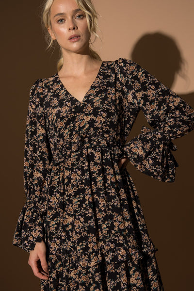 Floral Print V Neck Long Sleeve Ruffle Midi Dress