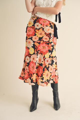 Satin Floral Midi Slip Skirt