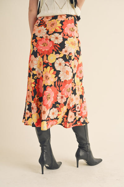 Satin Floral Midi Slip Skirt