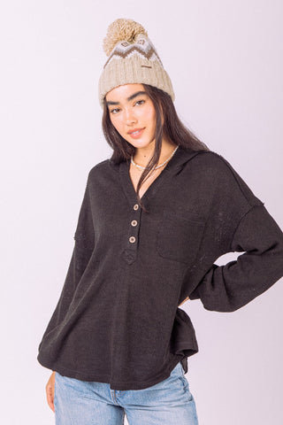 Button Down Hooded Oversized Knit Top in Black