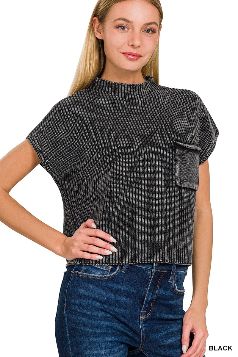 Washed Mock Neck Short Sleeve Cropped Sweater