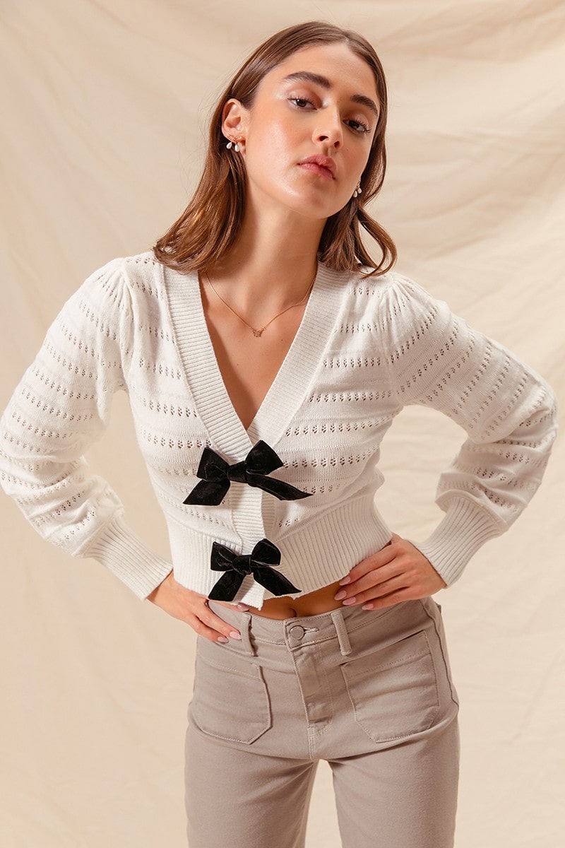 Contrast Bow Front Puff Sleeve Cardigan