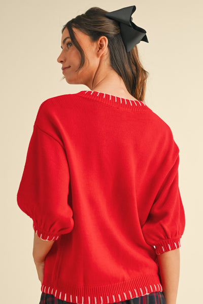 Bow Blanket Stitch Detail Sweater Top