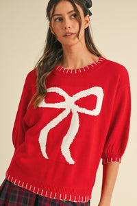 Bow Blanket Stitch Detail Sweater Top