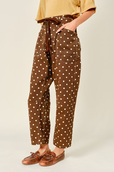 Polka Dot Barrel Denim Pants With Eyelet Waist