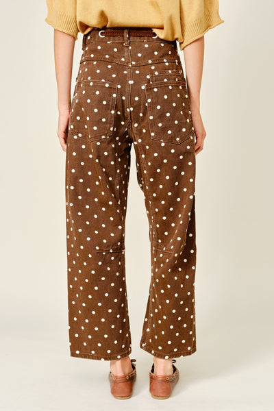 Polka Dot Barrel Denim Pants With Eyelet Waist