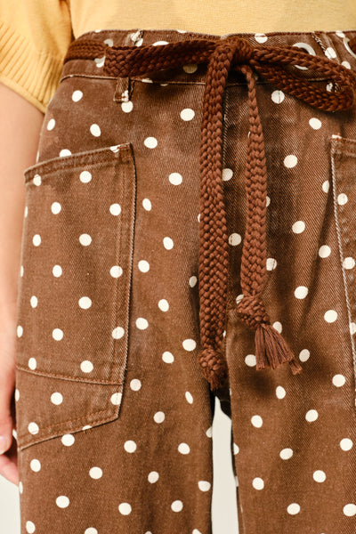 Polka Dot Barrel Denim Pants With Eyelet Waist